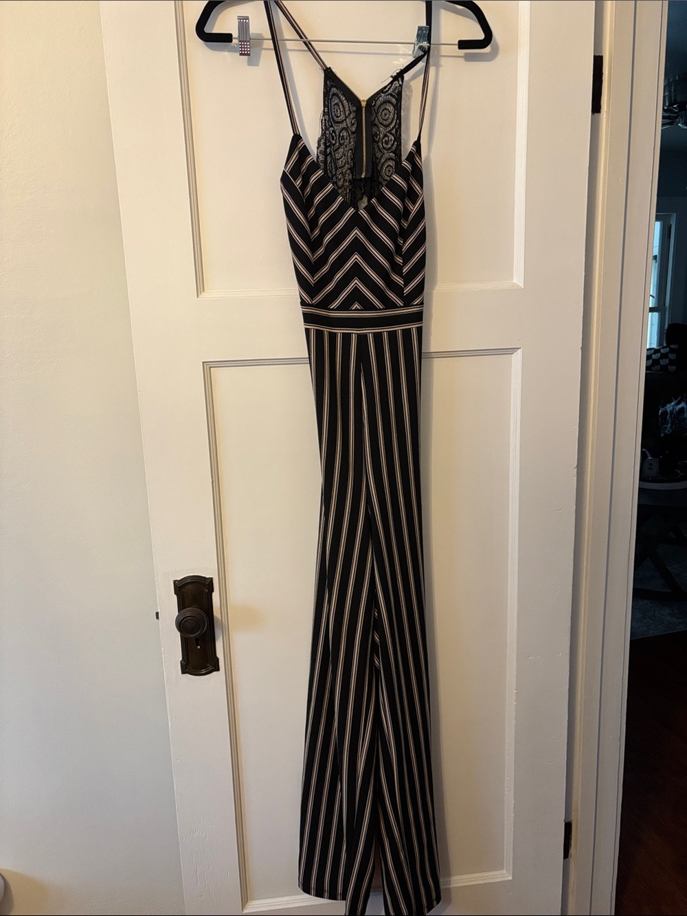 Almost Famous Black and White Striped Lace-Back Jumpsuit